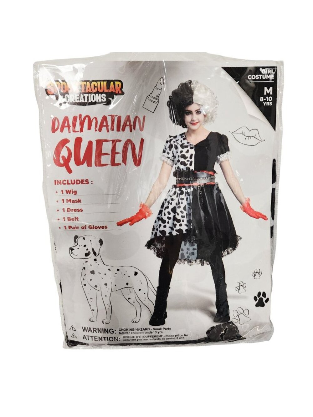 Dalmatian Queen Girl Costume M 8-10 Yrs Wig Mask Dress Belt Gloves Halloween Set